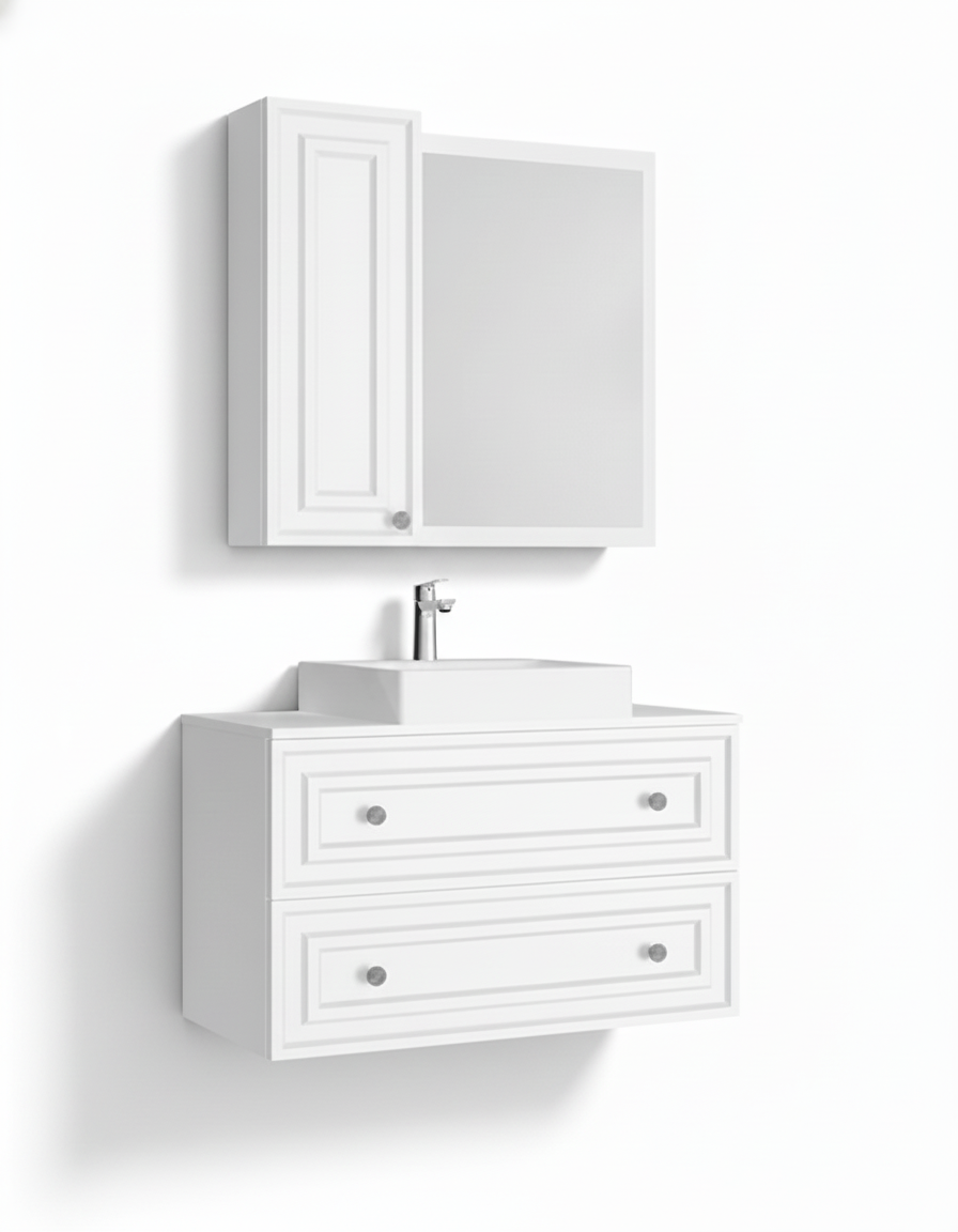 Perge 100 Cm Lavabo Dolabı Mat Beyaz Led Ayna ve Ayna yan dolap Seti