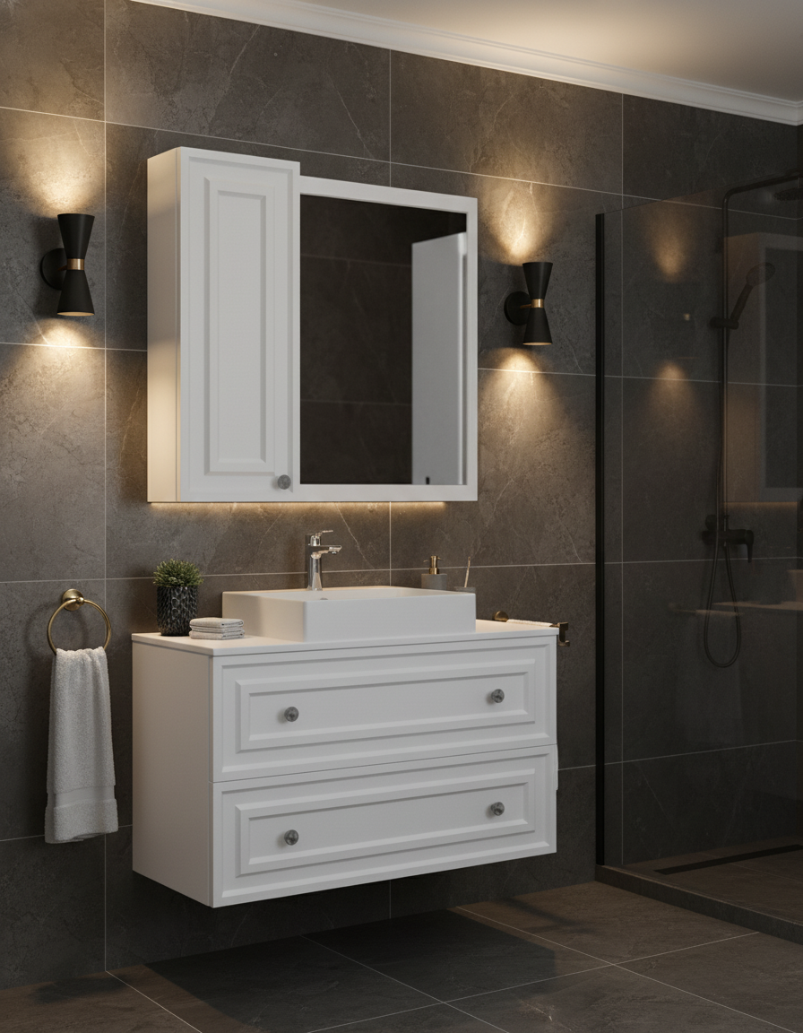 Perge 100 Cm Lavabo Dolabı Mat Beyaz Led Ayna ve Ayna yan dolap Seti