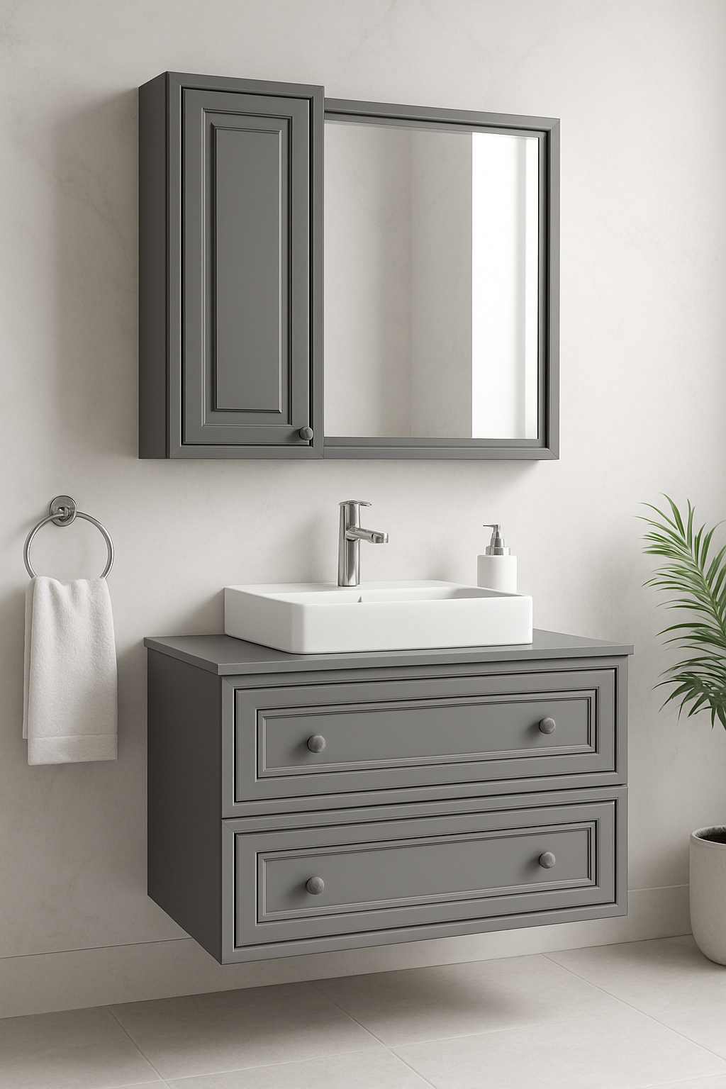 Perge 100 Cm Lavabo Dolabı Mat Gri Led Ayna ve Ayna Yan Dolap Seti