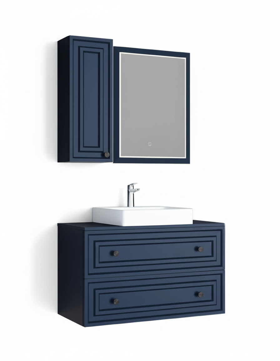 Perge 100 Cm Lavabo Dolabı Mat Safir Blue Led Ayna ve Ayna Yan Dolap Seti