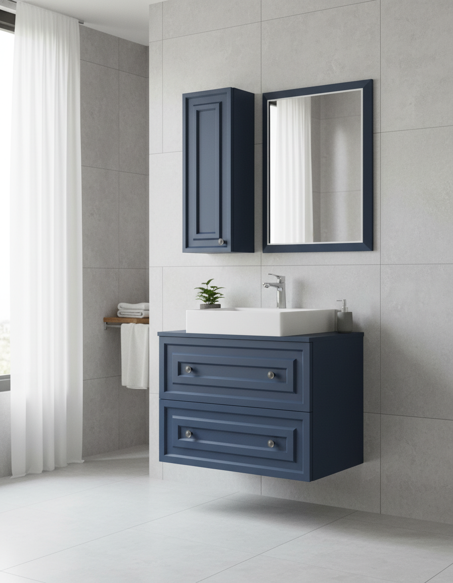 Perge 80 Cm Lavabo Dolabı Mat Safir Blue Led Ayna ve Ayna Yan Dolap Seti