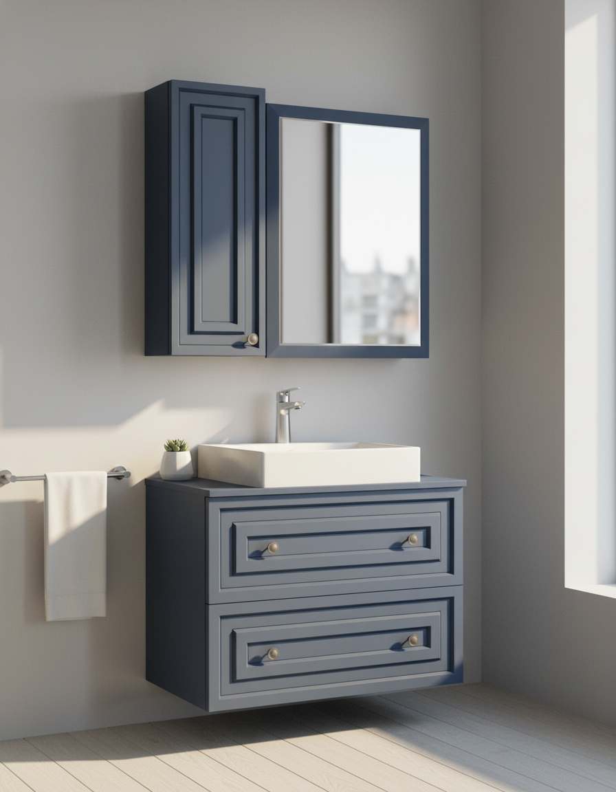 Perge 80 Cm Lavabo Dolabı Mat Safir Blue Led Ayna ve Ayna Yan Dolap Seti