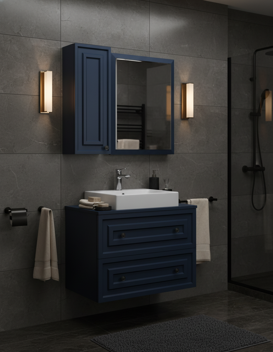 Perge 80 Cm Lavabo Dolabı Mat Safir Blue Led Ayna ve Ayna Yan Dolap Seti