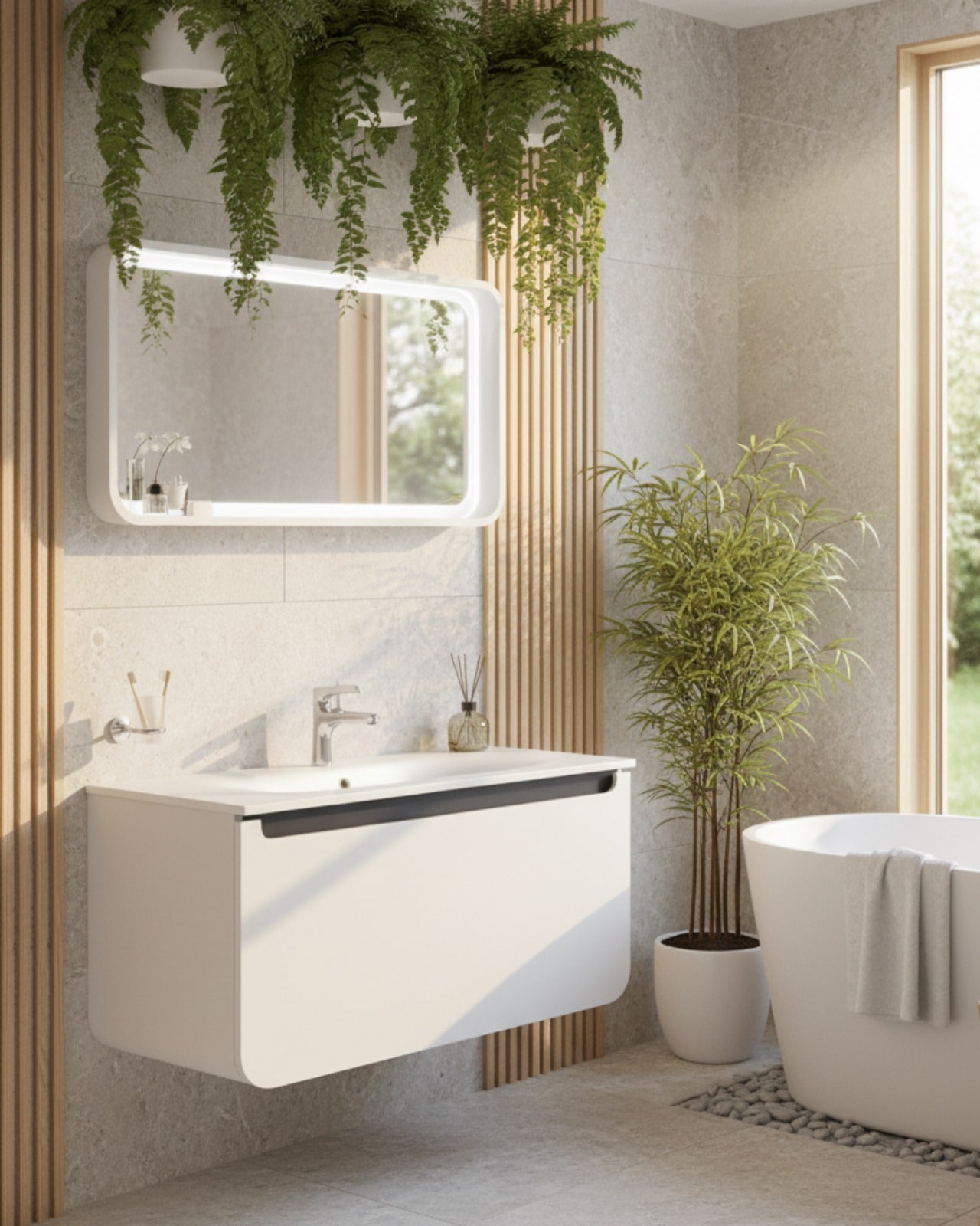 Pion 120 CM Lavabo Dolabı Beyaz Antrasit ve Led Ayna