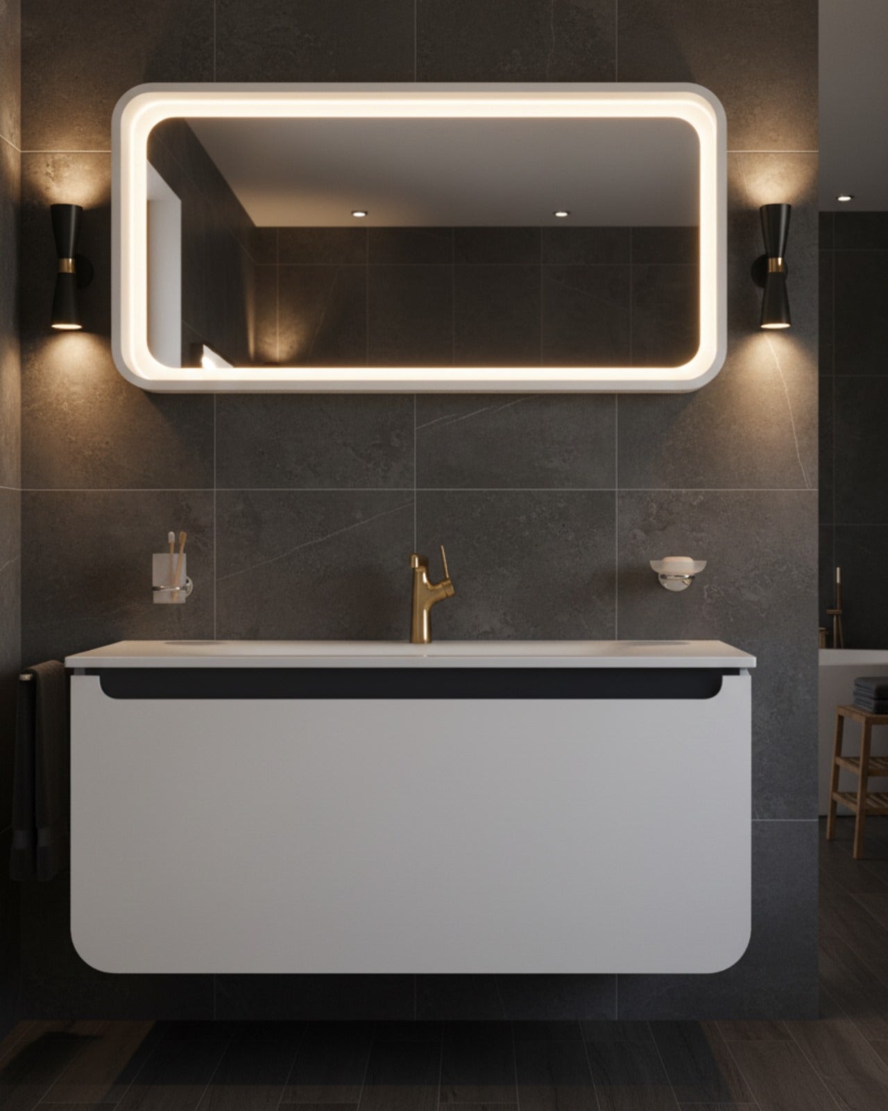Pion 120 CM Lavabo Dolabı Beyaz Antrasit ve Led Ayna